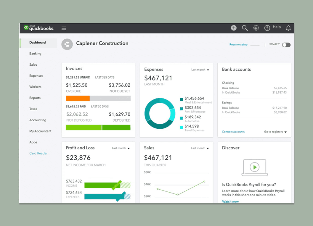 QuickBooks dashboard